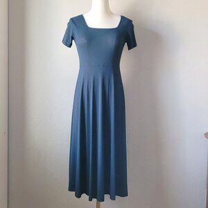 Vintage Ribbed Midi Dress, Square Neck Stretch Dress, Short Sleeve A-Line Dress